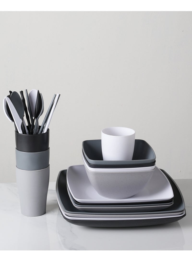 16-Piece Plastic Tableware Set, Including Plates, Bowls, And Cups For 4 People, Square Plates And Salad Bowls, Perfect For Home Use And As A Gift - Image 3